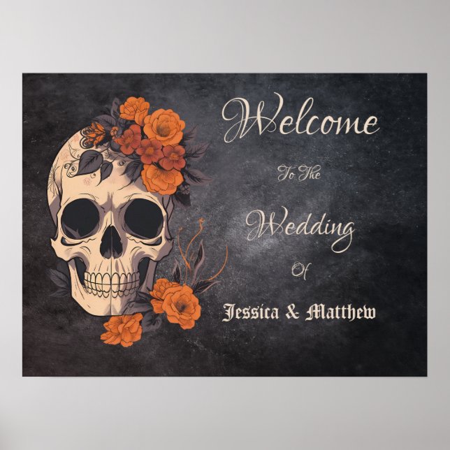 Orange Flowers Floral Skull Elegant Wedding Poster (Front)
