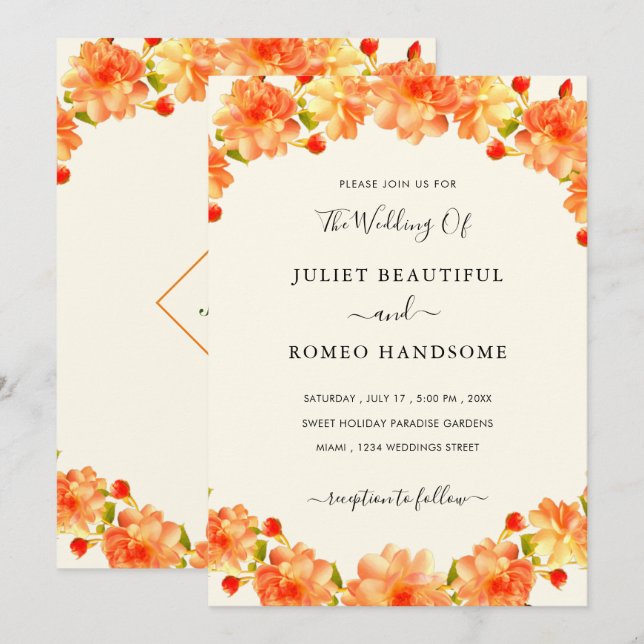 Orange Flowers Frame Wedding Invitation Template (Front/Back)