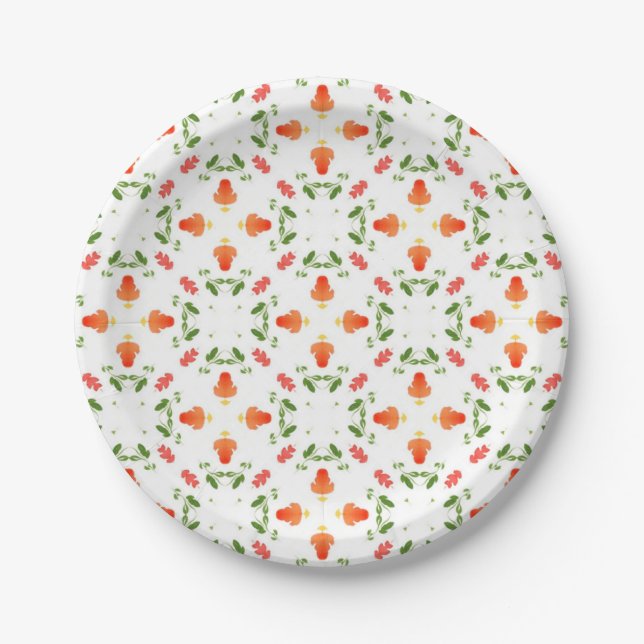 Orange flowers green leaves pattern paper plate (Front)