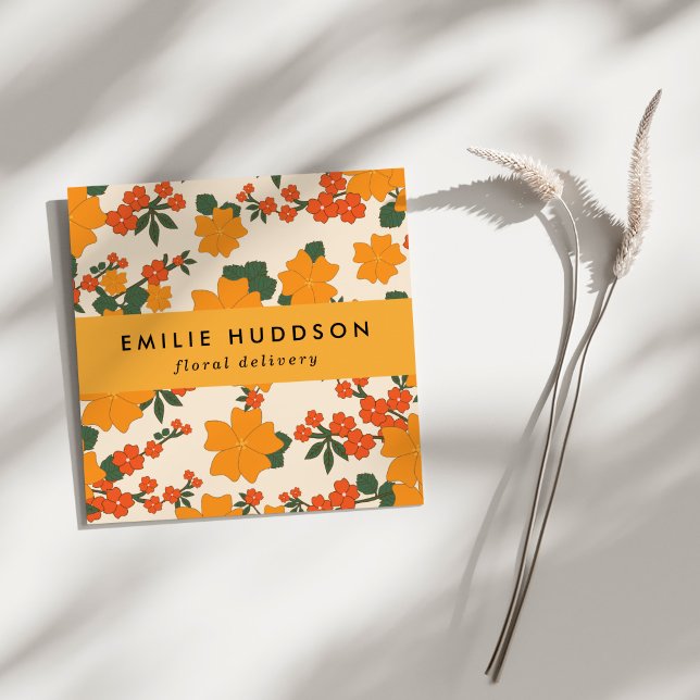 Orange Flowers, Greenery, Florist, Flower Shop Square Business Card (Creator Uploaded)