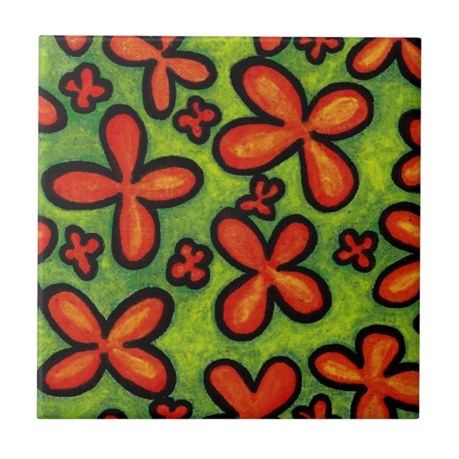 Orange Flowers in Green Grass Ceramic Tile (Front)