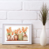 Orange Flowers in Vases with Books on Bookshelf