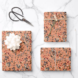 Orange Flowers Leaves Berries Watercolor Floral Wrapping Paper Sheet