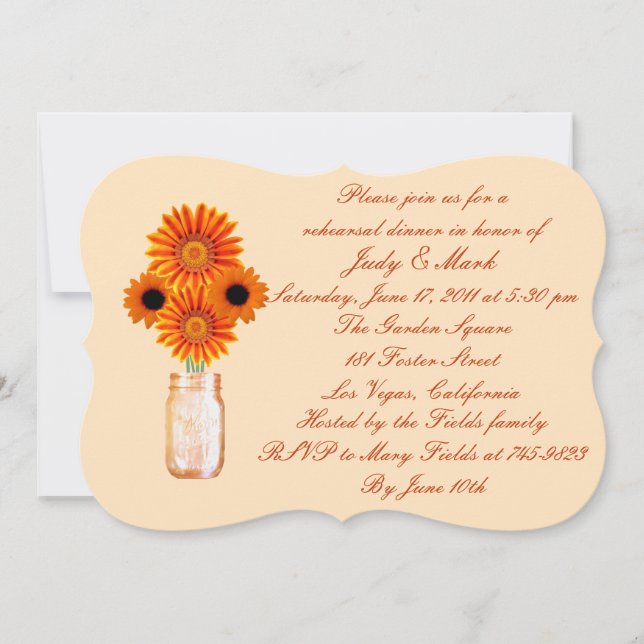 Orange Flowers Mason Jar Rehearsal Dinner Invite (Front)