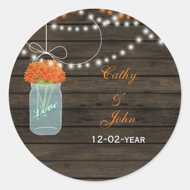 orange flowers mason jar wedding favour stickers (Front)