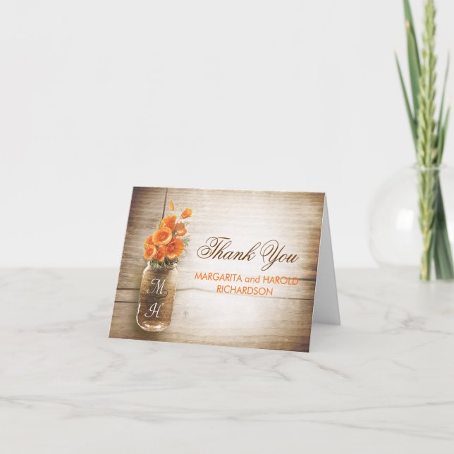 Orange flowers mason jar wedding thank you cards (Front)