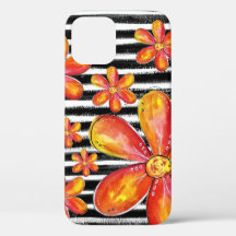 Orange Flowers on Black Stripes