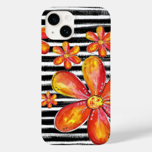 Orange Flowers on Black Stripes Case-Mate iPhone 14 Case