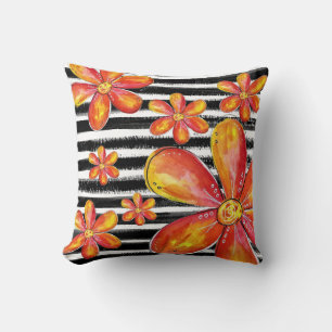 Orange Flowers on Black Stripes Cushion