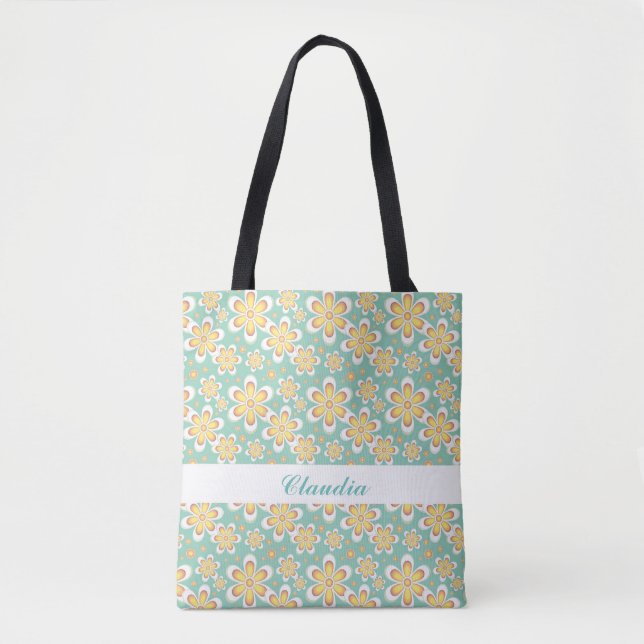Orange flowers on green tote bag (Front)
