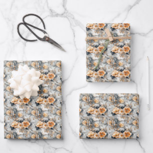 Orange Flowers on Grey Marble Wrapping Paper Sheet