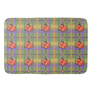 Orange Flowers on Moss Green Plaid Bath Mat