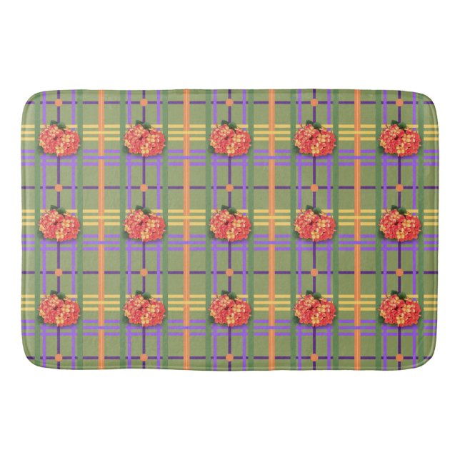 Orange Flowers on Moss Green Plaid Bath Mat (Front)