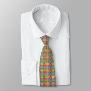 Orange Flowers on Moss Green Plaid Neck Tie