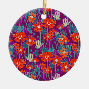 Orange flowers on purple throw pillow ceramic ornament