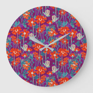 Orange flowers on purple throw pillow large clock