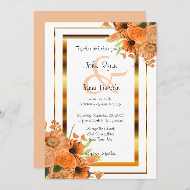 Orange Flowers On White Wedding Invitations (Front/Back)