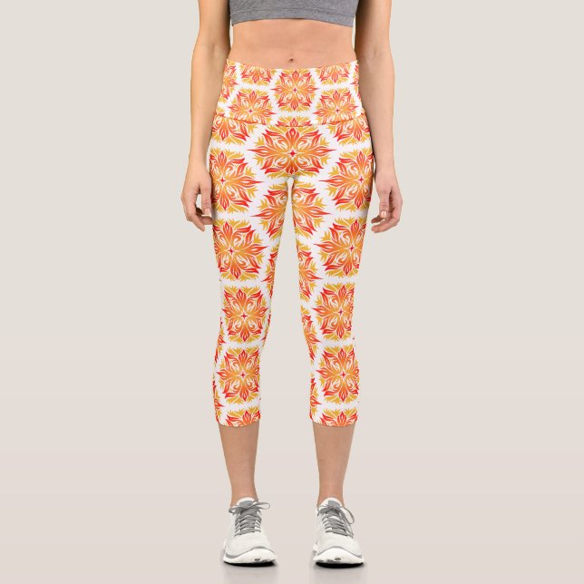 Orange Flowers, Pattern Of Flowers, Floral Pattern Capri Leggings (Front)