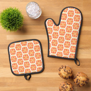 Orange Flowers, Pattern Of Flowers, Floral Pattern Oven Mitt & Pot Holder Set