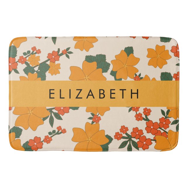Orange Flowers, Pattern Of Flowers, Your Name Bath Mat (Front)