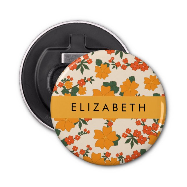 Orange Flowers, Pattern Of Flowers, Your Name Bottle Opener (Front)