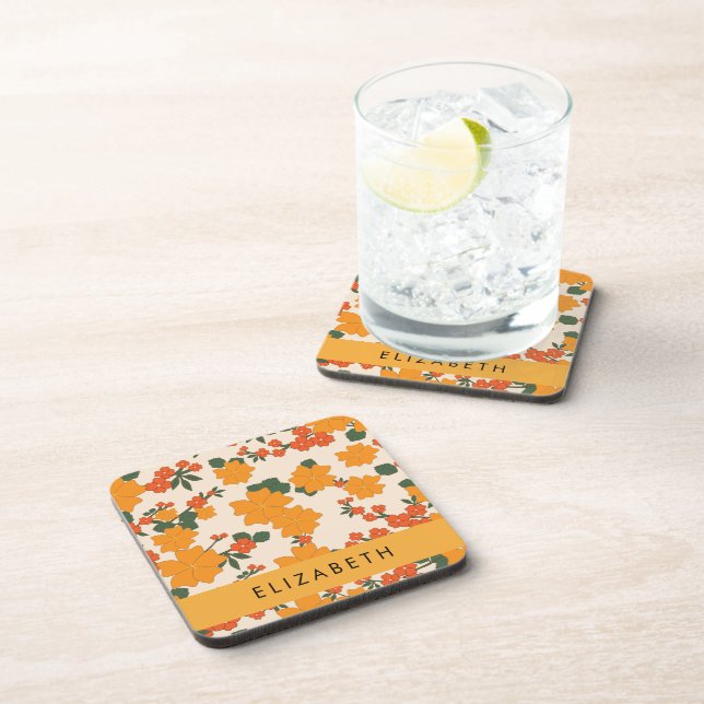 Orange Flowers, Pattern Of Flowers, Your Name Coaster (Right Side)