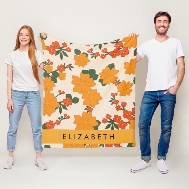 Orange Flowers, Pattern Of Flowers, Your Name Fleece Blanket (In Situ)