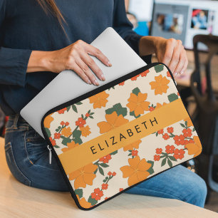 Orange Flowers, Pattern Of Flowers, Your Name Laptop Sleeve