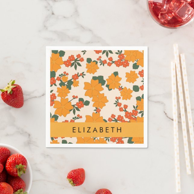 Orange Flowers, Pattern Of Flowers, Your Name Napkin (Insitu)