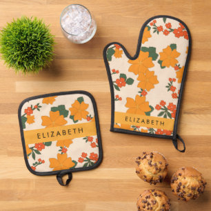 Orange Flowers, Pattern Of Flowers, Your Name Oven Mitt & Pot Holder Set