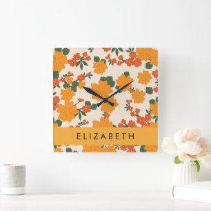 Orange Flowers, Pattern Of Flowers, Your Name Square Wall Clock