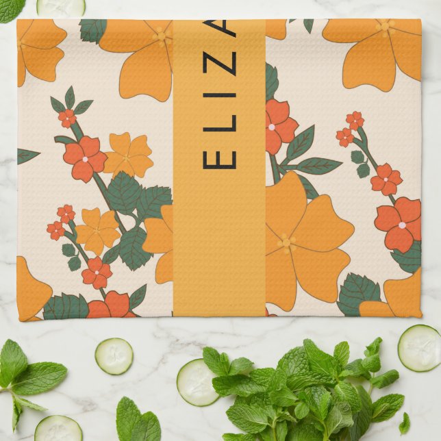 Orange Flowers, Pattern Of Flowers, Your Name Tea Towel (Folded)