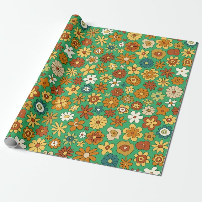 Orange Flowers pattern Wrapping Paper (Unrolled)