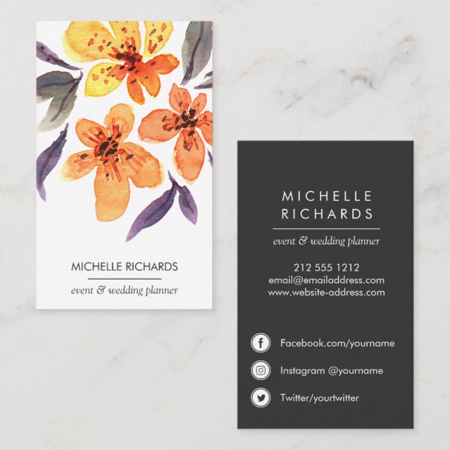 Orange Flowers | professional  Social Media Icons Business Card (Front/Back)