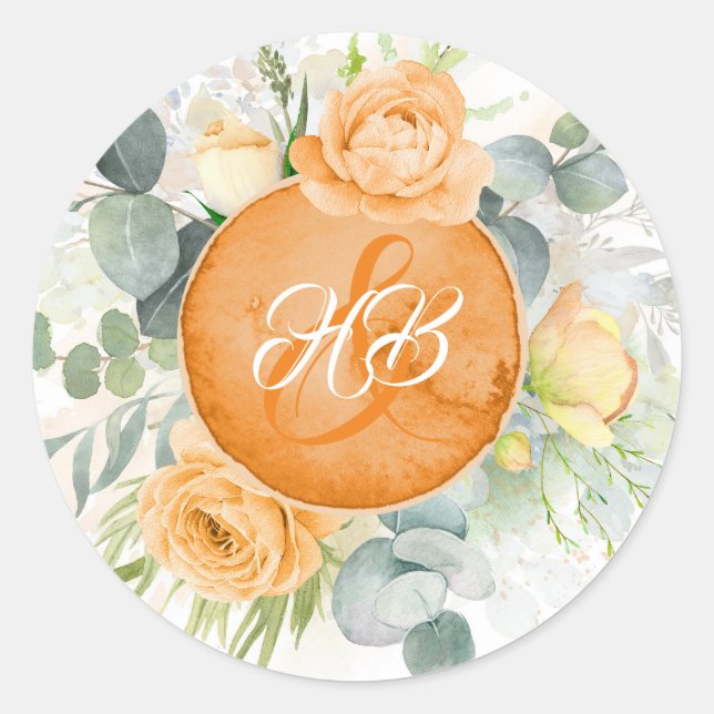 Orange Flowers Romantic Boho Wedding Classic Round Sticker (Front)