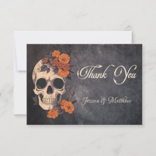 Orange Flowers Skull Elegant  Minimalist wedding Thank You Card