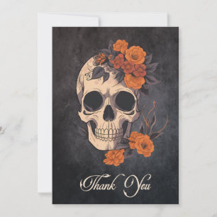 Orange Flowers Skull Elegant  Traditional Wedding Thank You Card
