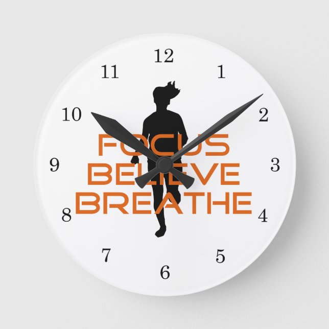 Orange Focus Believe Breathe Running Round Clock (Front)