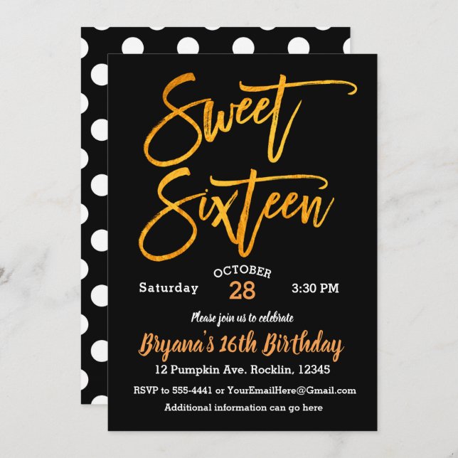 Orange Foil Sweet 16 Halloween Party Black White Invitation (Front/Back)