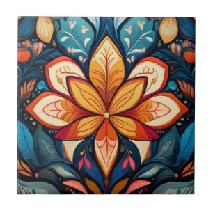 Orange Folk Flower  Ceramic Tile