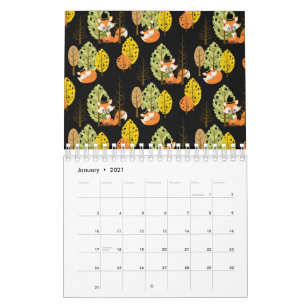 Orange Fox Autumn Trees Forest Black Night Hipster Calendar