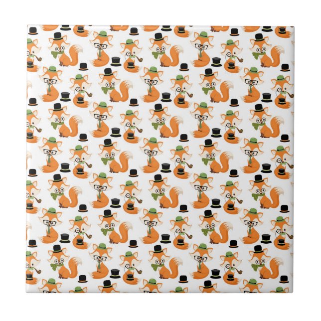 Orange Fox Autumn Trees Forest Hipster Glasses Fox Ceramic Tile (Front)