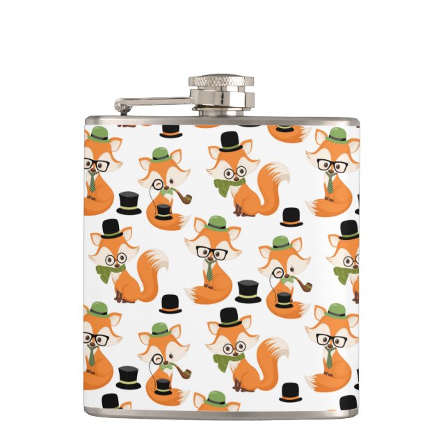 Orange Fox Black Hat Nerd Hipster Glasses Foxes Hip Flask (Front)