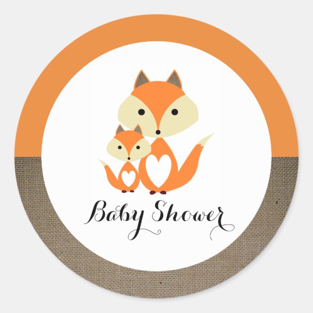 Orange Fox Burlap Baby Shower Classic Round Sticker (Front)