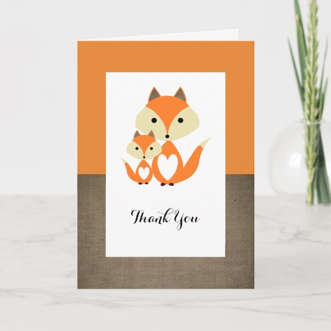 Orange Fox Burlap Baby Shower Thank You Card (Front)