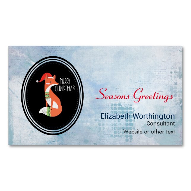 Orange Fox in Red Santa Hat Merry Christmas Magnetic Business Card (Front)
