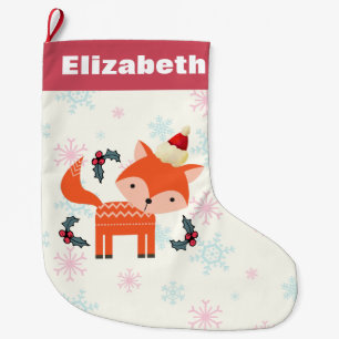 Orange Fox In Santa Hat Cute Christmas Customised Large Christmas Stocking
