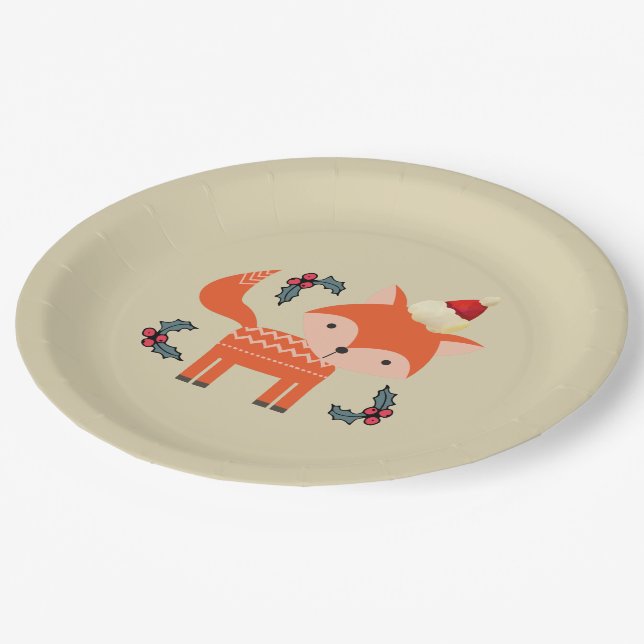 Orange Fox In Santa Hat Cute Whimsical Christmas Paper Plate (Angled)