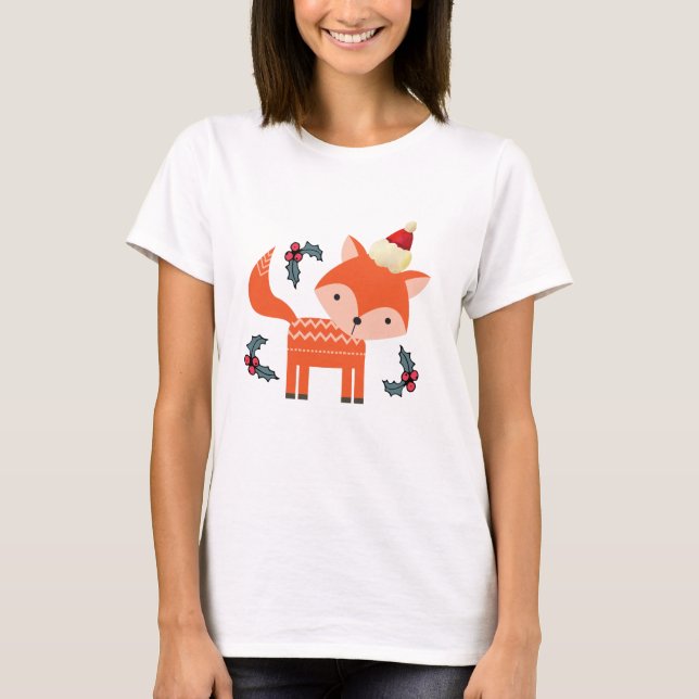 Orange Fox In Santa Hat Cute Whimsical Christmas T-Shirt (Front)
