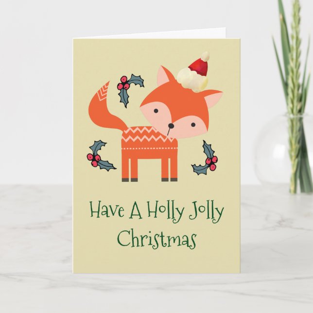 Orange Fox In Santa Hat Whimsical Christmas Custom Holiday Card (Front)